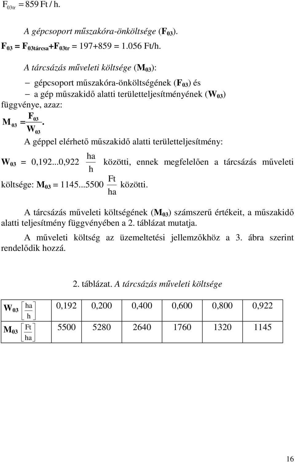 W03 A géppel elérhető műszakidő alatti területteljesítmény: ha W 03 = 0,192...0,922 közötti, ennek megfelelően a tárcsázás műveleti h költsége: M 03 = 1145...5500 Ft ha közötti.