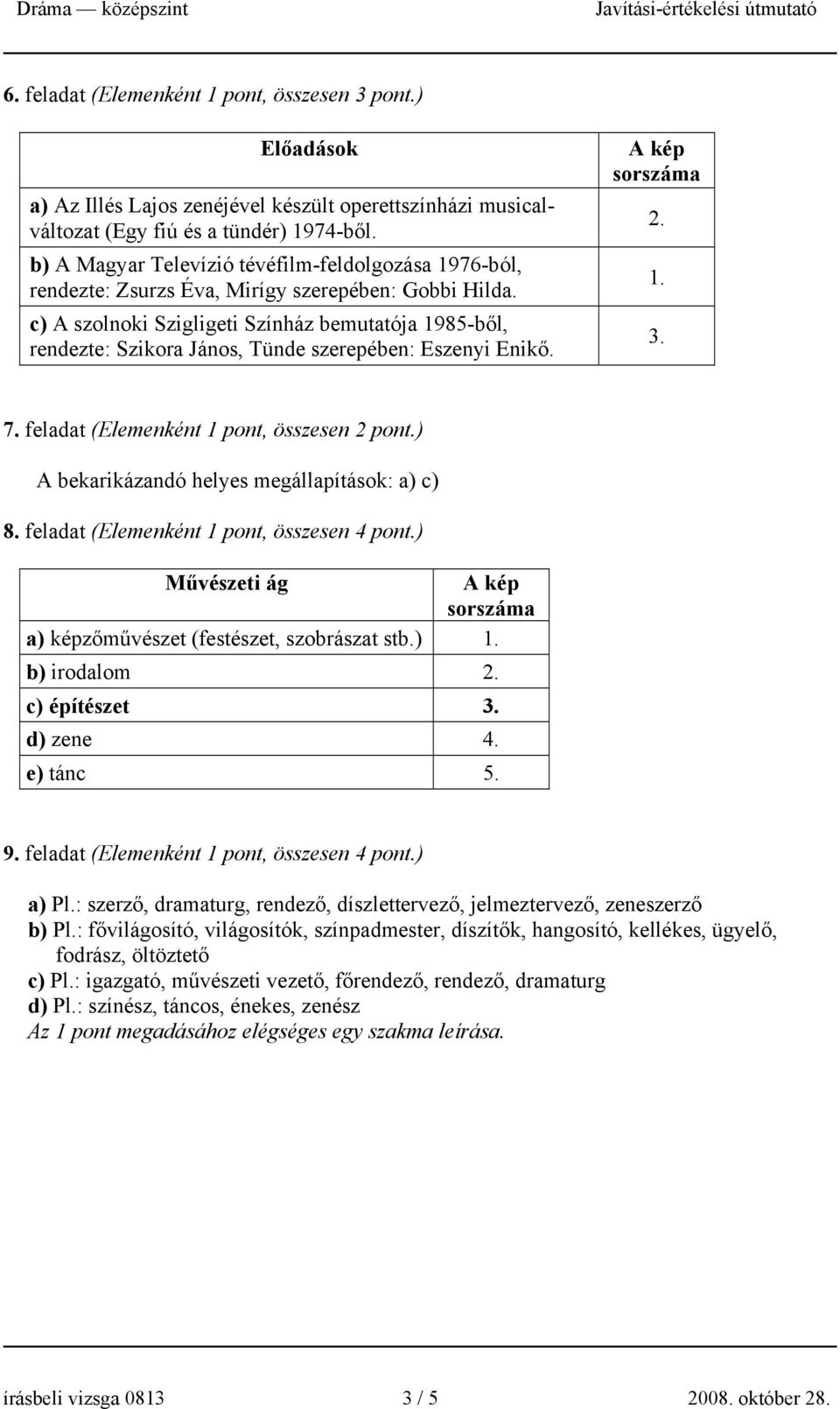 c) A szolnoki Szigligeti Színház bemutatója 1985-ből, rendezte: Szikora János, Tünde szerepében: Eszenyi Enikő. A kép sorszáma 2. 1. 3. 7. feladat (Elemenként 1 pont, összesen 2 pont.