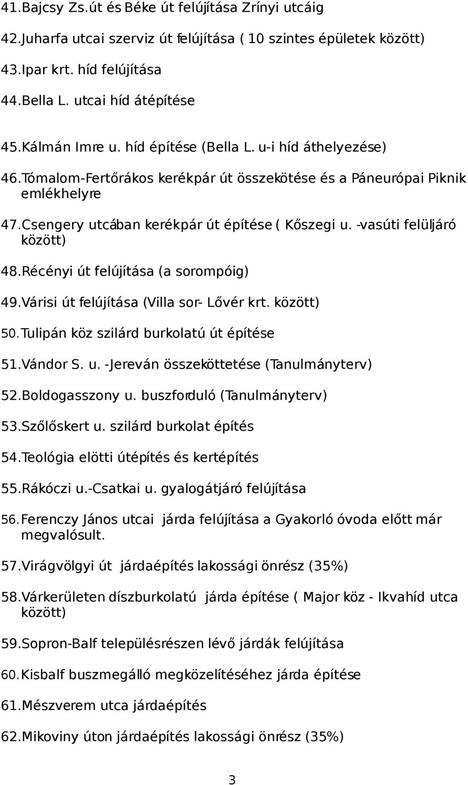 -vasúti felüljáró között) 48.Récényi út felújítása (a sorompóig) 49.Várisi út felújítása (Villa sor- Lővér krt. között) 50.Tulipán köz szilárd burkolatú út építése 51.Vándor S. u.