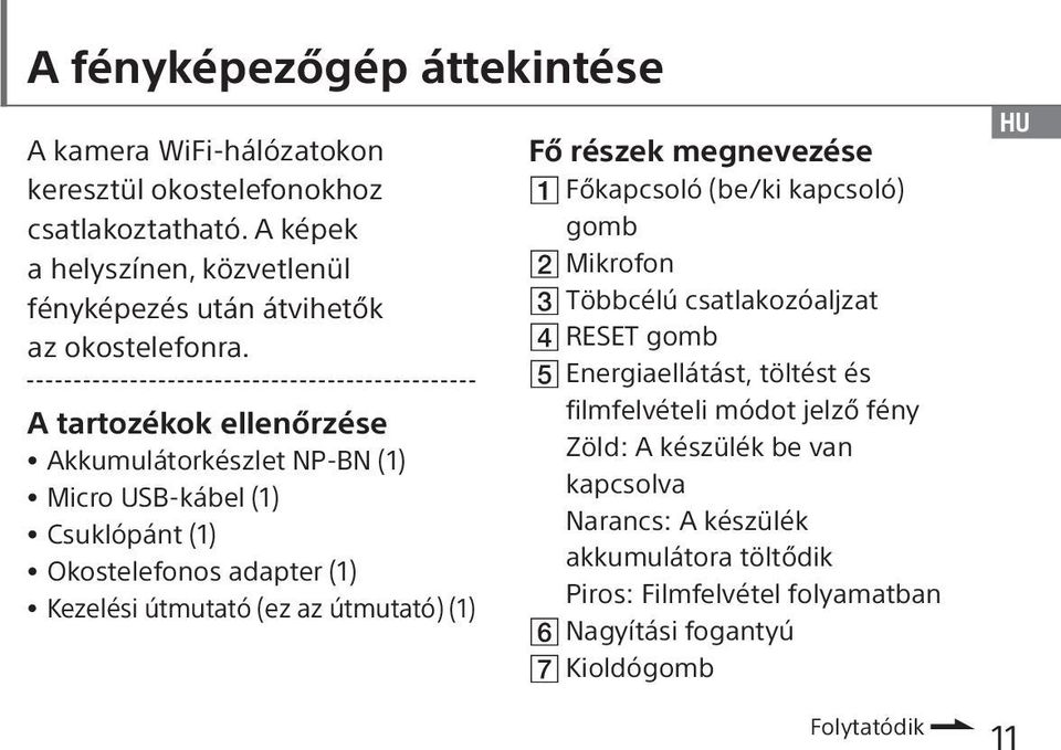 A tartozékok ellenőrzése Akkumulátorkészlet NP-BN (1) Micro USB-kábel (1) Csuklópánt (1) Okostelefonos adapter (1) Kezelési útmutató (ez az útmutató) (1) Fő