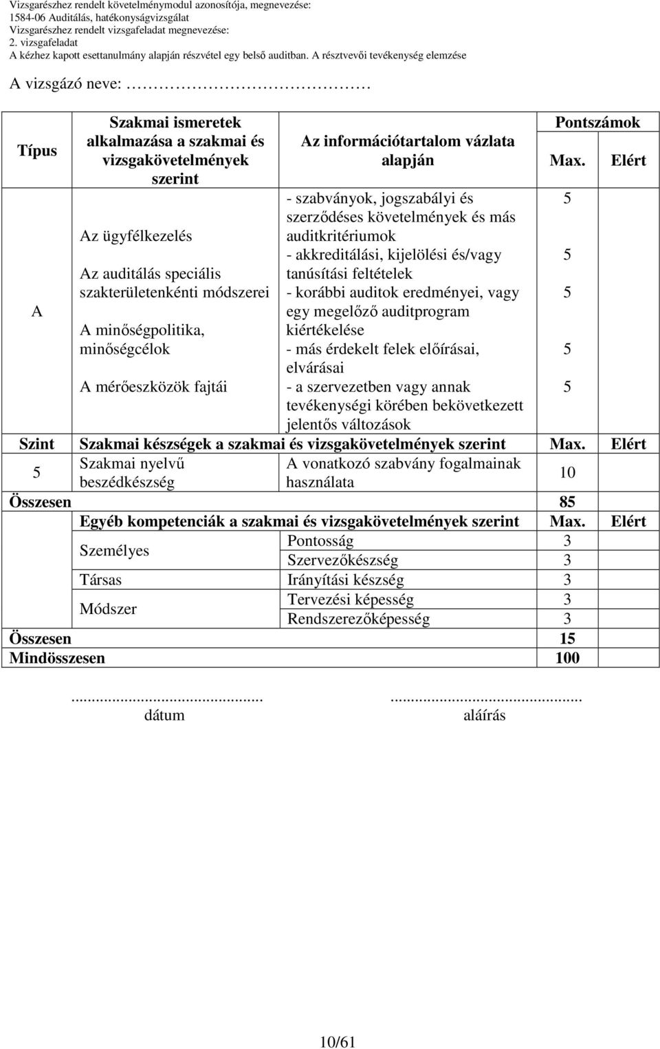 szabványok, jogszabályi és szerzıdéses követelmények és más auditkritériumok - akkreditálási, kijelölési és/vagy tanúsítási feltételek - korábbi auditok eredményei, vagy egy megelızı auditprogram