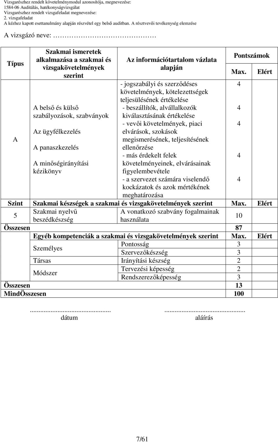 szerzıdéses követelmények, kötelezettségek teljesülésének értékelése - beszállítók, alvállalkozók kiválasztásának értékelése - vevıi követelmények, piaci elvárások, szokások megismerésének,