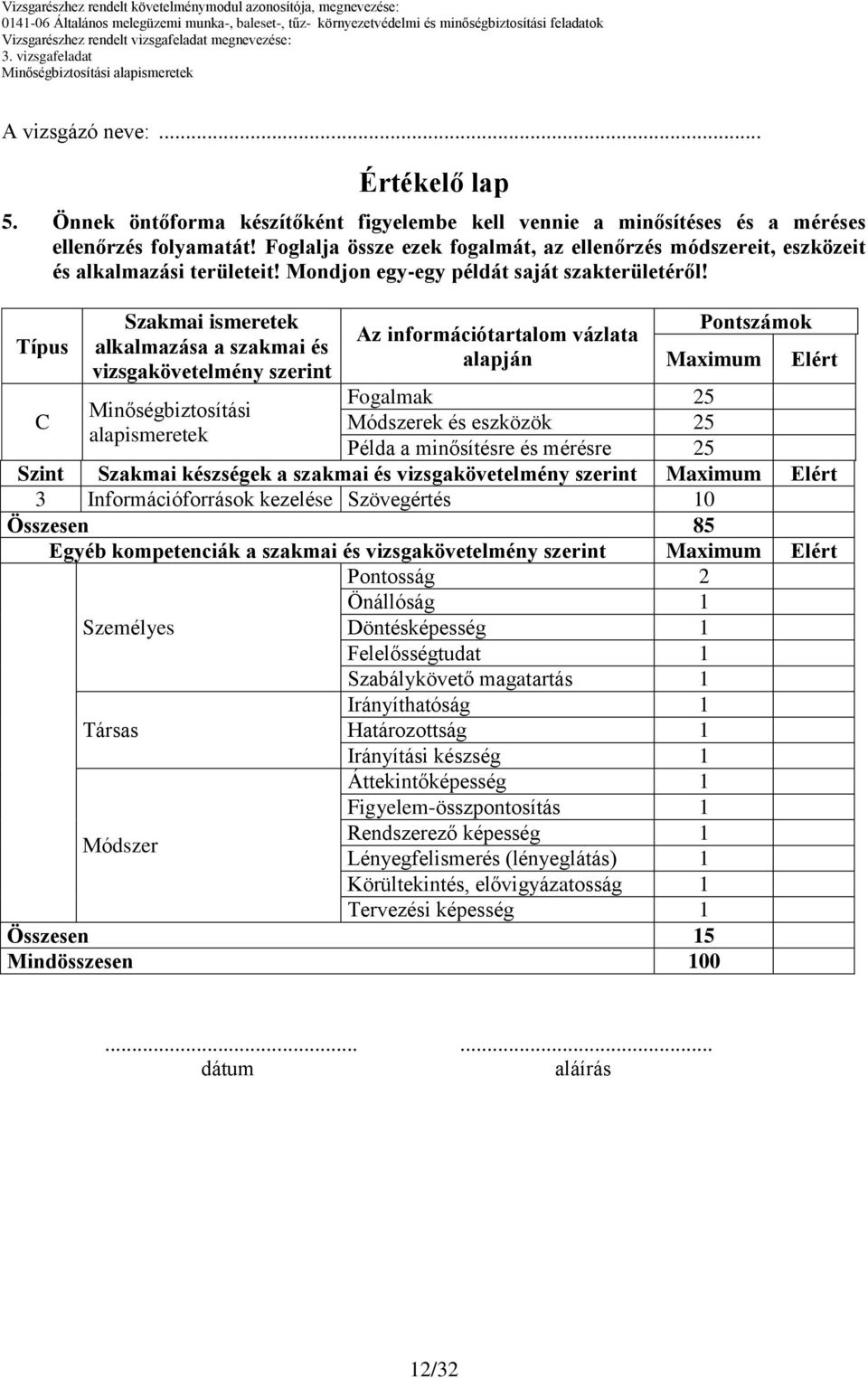 Típus C Szakmai ismeretek alkalmazása a szakmai és vizsgakövetelmény szerint Minőségbiztosítási alapismeretek Az információtartalom vázlata alapján Pontszámok Maximum Fogalmak 25 Módszerek és