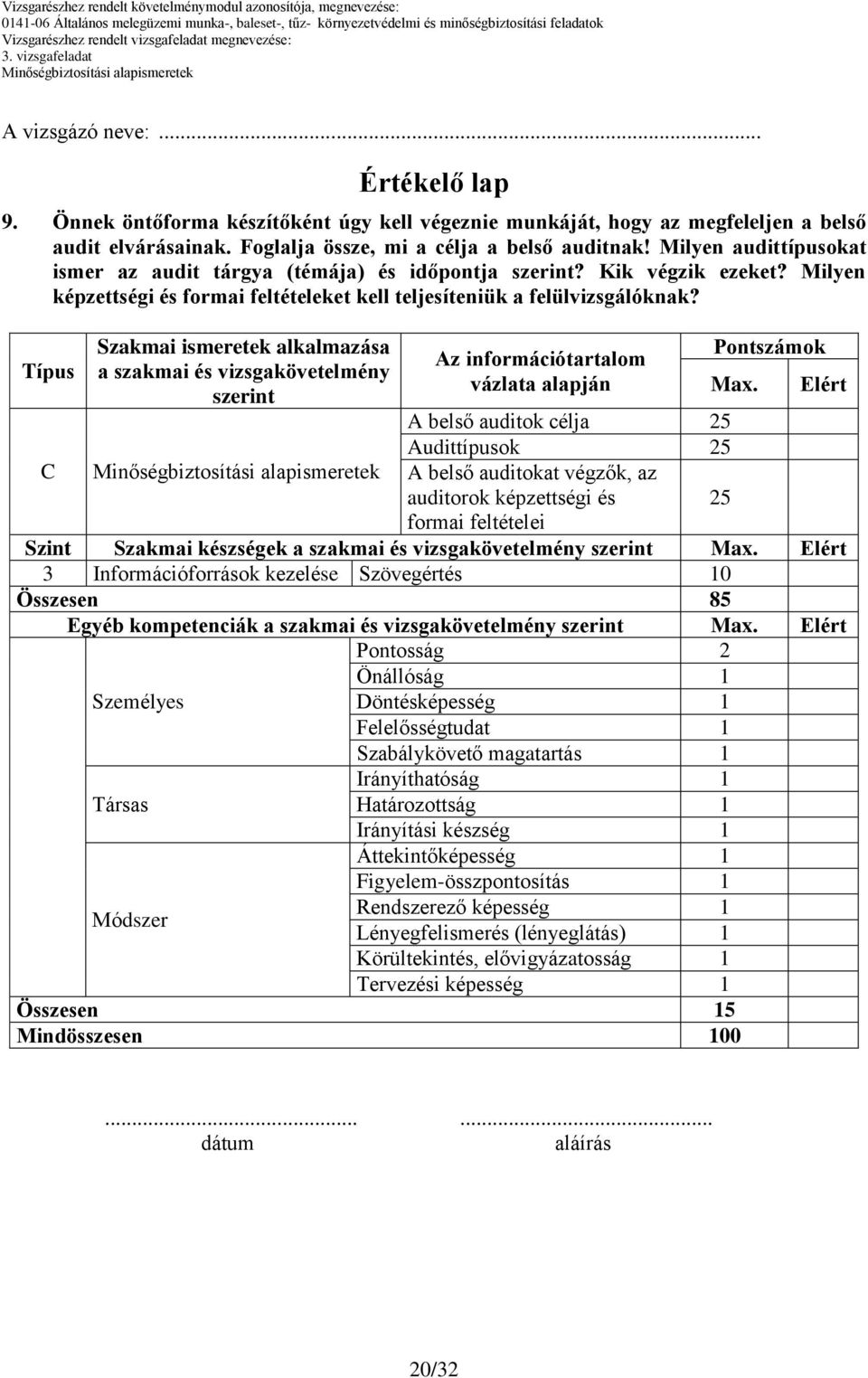 Típus C Szakmai ismeretek alkalmazása a szakmai és vizsgakövetelmény szerint Az információtartalom vázlata alapján Pontszámok Max.