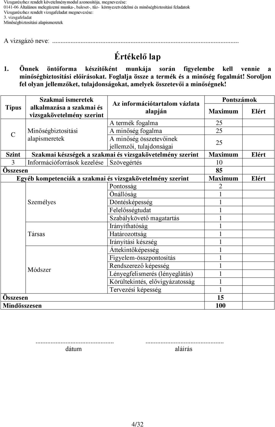 Típus C Szakmai ismeretek alkalmazása a szakmai és vizsgakövetelmény szerint Minőségbiztosítási alapismeretek Az információtartalom vázlata alapján Pontszámok Maximum A termék fogalma 25 A minőség