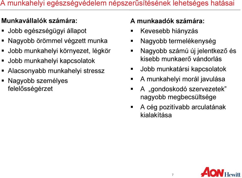 felelősségérzet A munkaadók számára: Kevesebb hiányzás Nagyobb termelékenység Nagyobb számú új jelentkező és kisebb munkaerő vándorlás