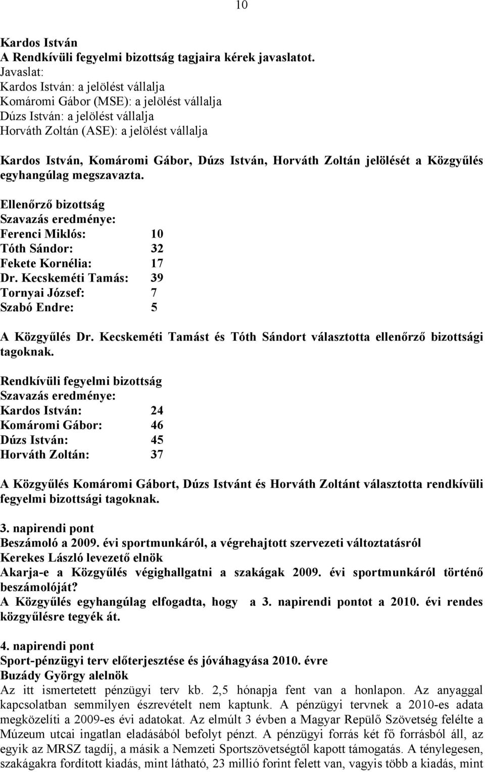 István, Horváth Zoltán jelölését a Közgyűlés egyhangúlag megszavazta. Ellenőrző bizottság Szavazás eredménye: Ferenci Miklós: 10 Tóth Sándor: 32 Fekete Kornélia: 17 Dr.