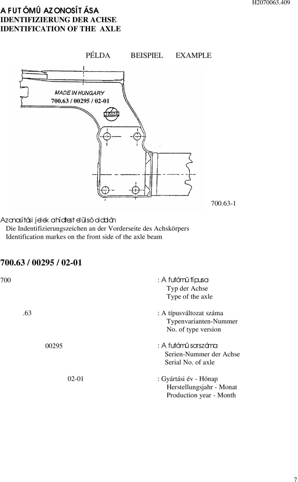 on the front side of the axle beam 700.63-700.63 / 0095 / 0-0 700 : A futómû típusa Typ der Achse Type of the axle.