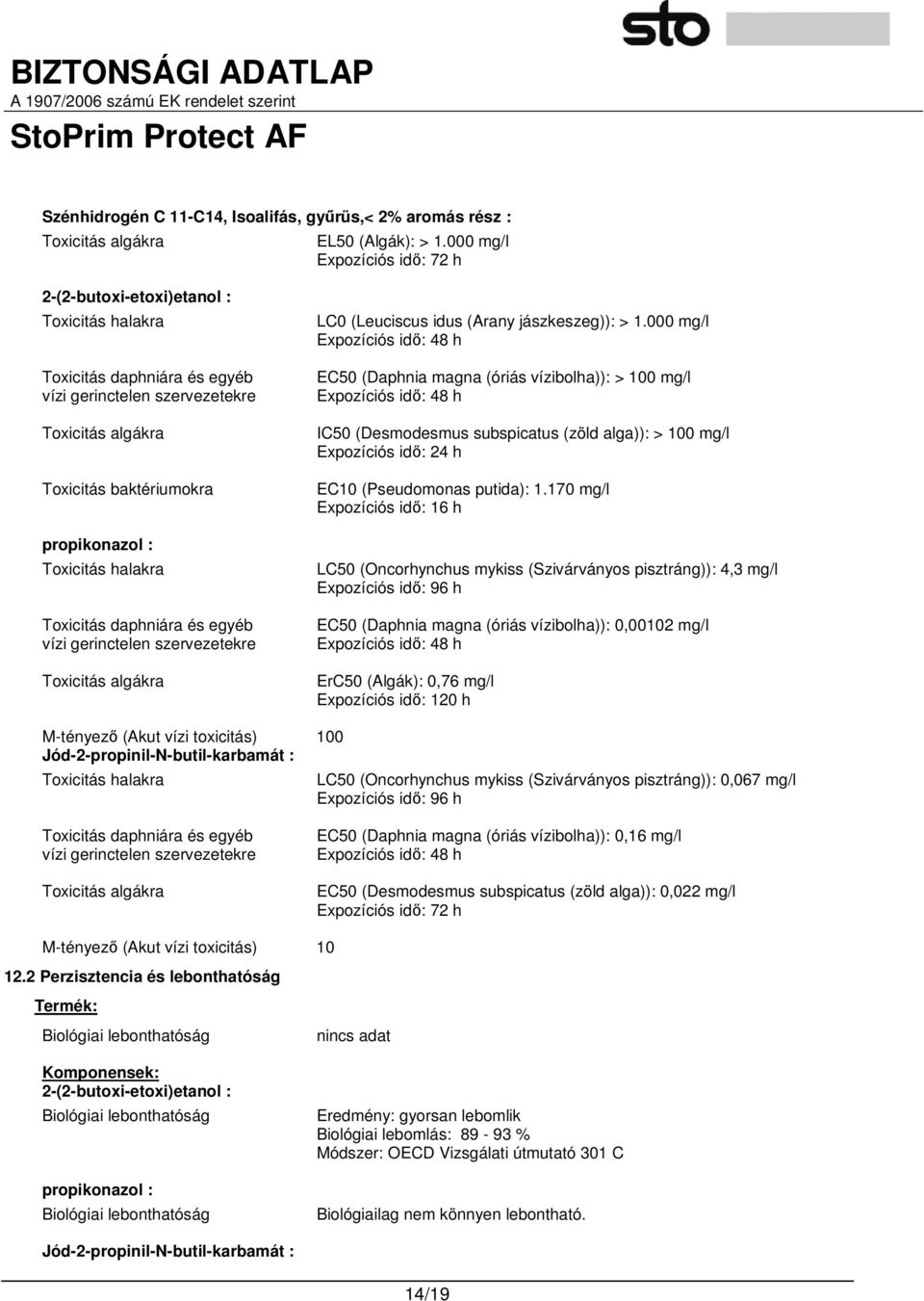 Toxicitás halakra Toxicitás daphniára és egyéb vízi gerinctelen szervezetekre Toxicitás algákra LC0 (Leuciscus idus (Arany jászkeszeg)): > 1.