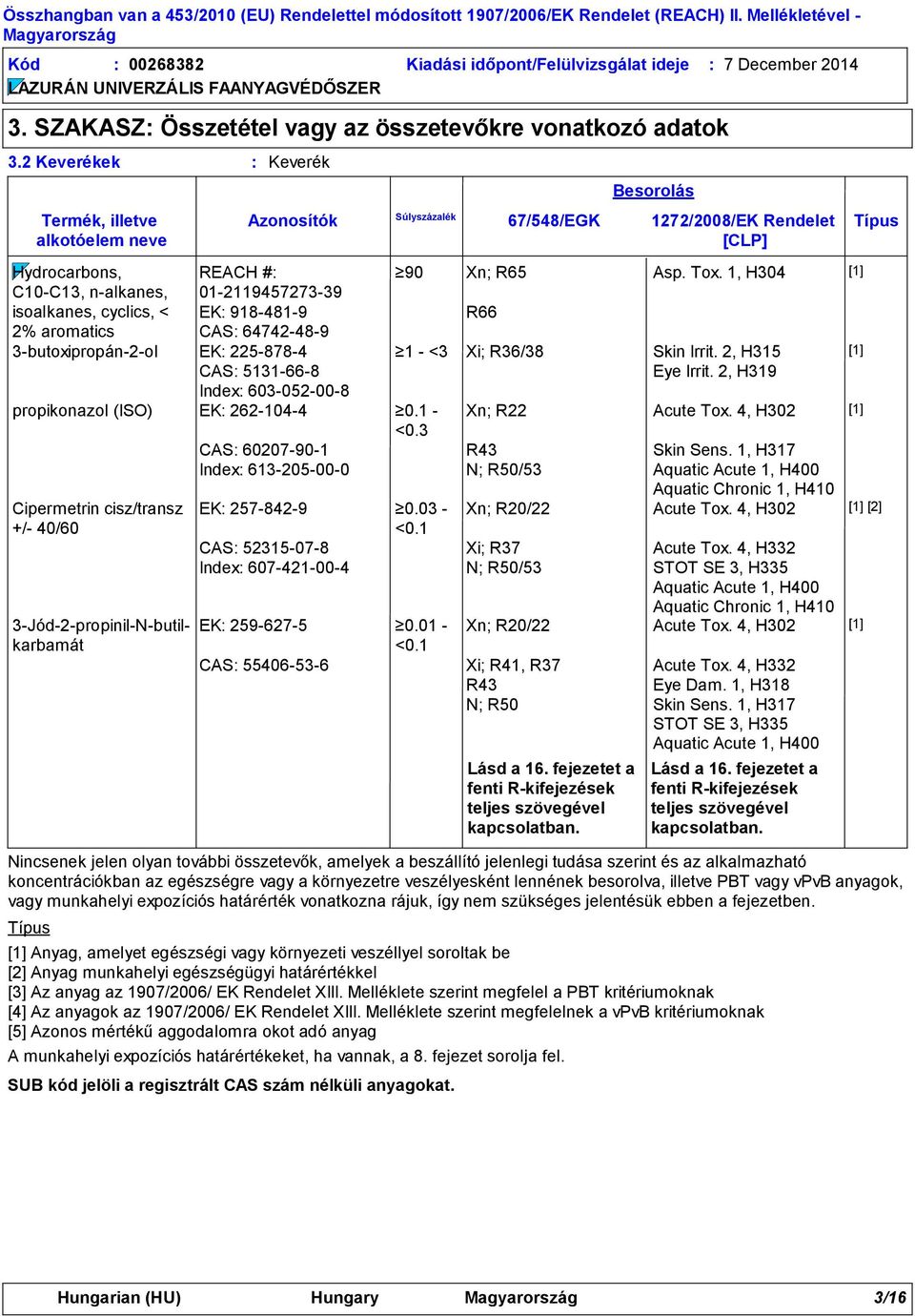 A munkahelyi expozíciós határértékeket, ha vannak, a 8. fejezet sorolja fel. Besorolás 1272/2008/EK Rendelet [CLP] Hydrocarbons, REACH # 90 Xn; R65 Asp. Tox.