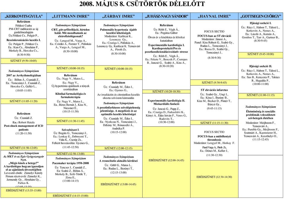 , (10:05-11:05) SZÜNET (11:05-11:20) Üe.: Csanádi Z. Ea.: Robert Hatala Post-shock management of ICD patients (11:20-11:50) CRT, pitvarfibrilláció, hirtelen halál.