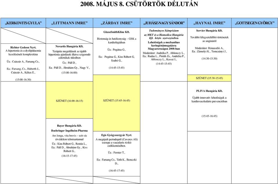 Biztonság és hatékonyság GSK a kardiológiában Üe.: Pogátsa G., Ea.: Pogátsa G., Kiss Róbert G, Szabó G., (14:45-15:45) az MKT és a Biomedica Hungária Kft.