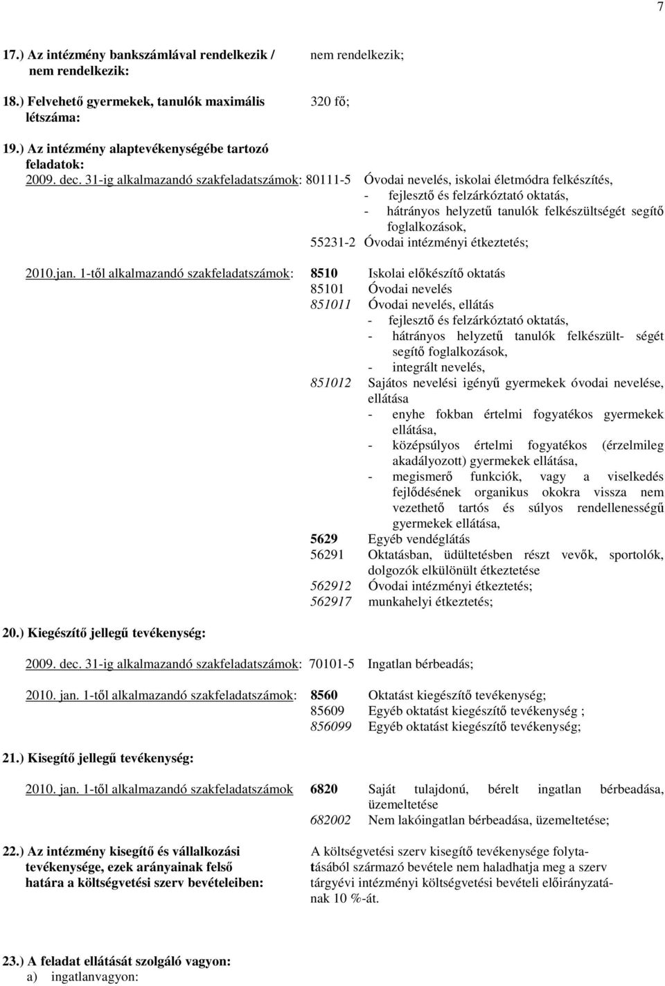 31-ig alkalmazandó szakfeladatszámok: 80111-5 Óvodai nevelés, iskolai életmódra felkészítés, - fejlesztő és felzárkóztató oktatás, - hátrányos helyzetű tanulók felkészültségét segítő foglalkozások,