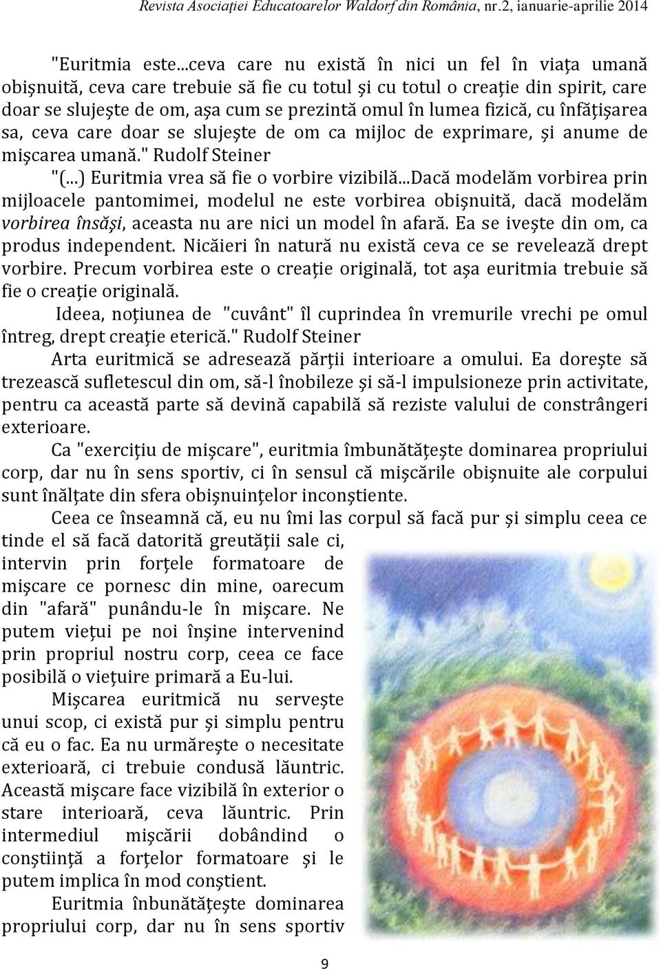 fizică, cu înfăţişarea sa, ceva care doar se slujeşte de om ca mijloc de exprimare, şi anume de mişcarea umană." Rudolf Steiner "(...) Euritmia vrea să fie o vorbire vizibilă.