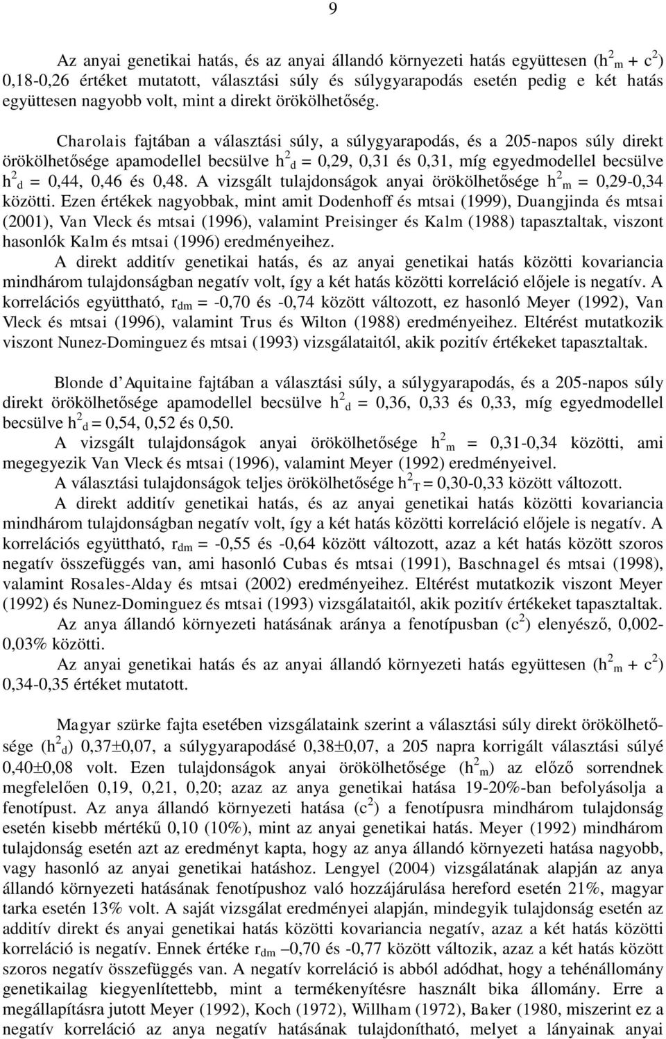 Charolais fajtában a választási súly, a súlygyarapodás, és a 205-napos súly direkt örökölhetősége apamodellel becsülve h 2 d = 0,29, 0,31 és 0,31, míg egyedmodellel becsülve h 2 d = 0,44, 0,46 és