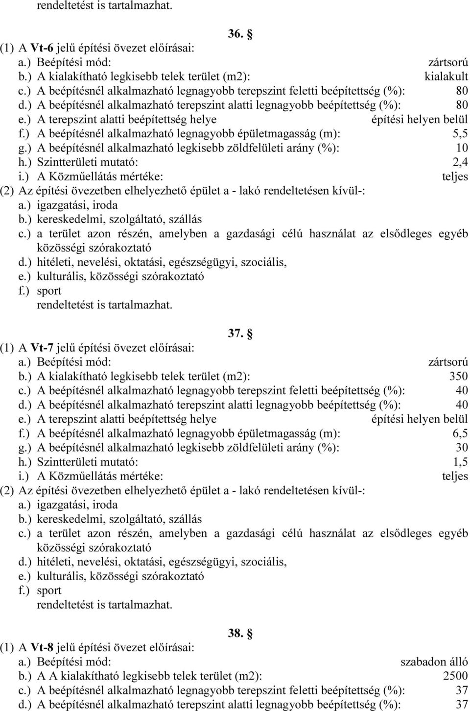 ) A beépítésnél alkalmazható legnagyobb épületmagasság (m): 5,5 g.) A beépítésnél alkalmazható legkisebb zöldfelületi arány (%): 10 h.