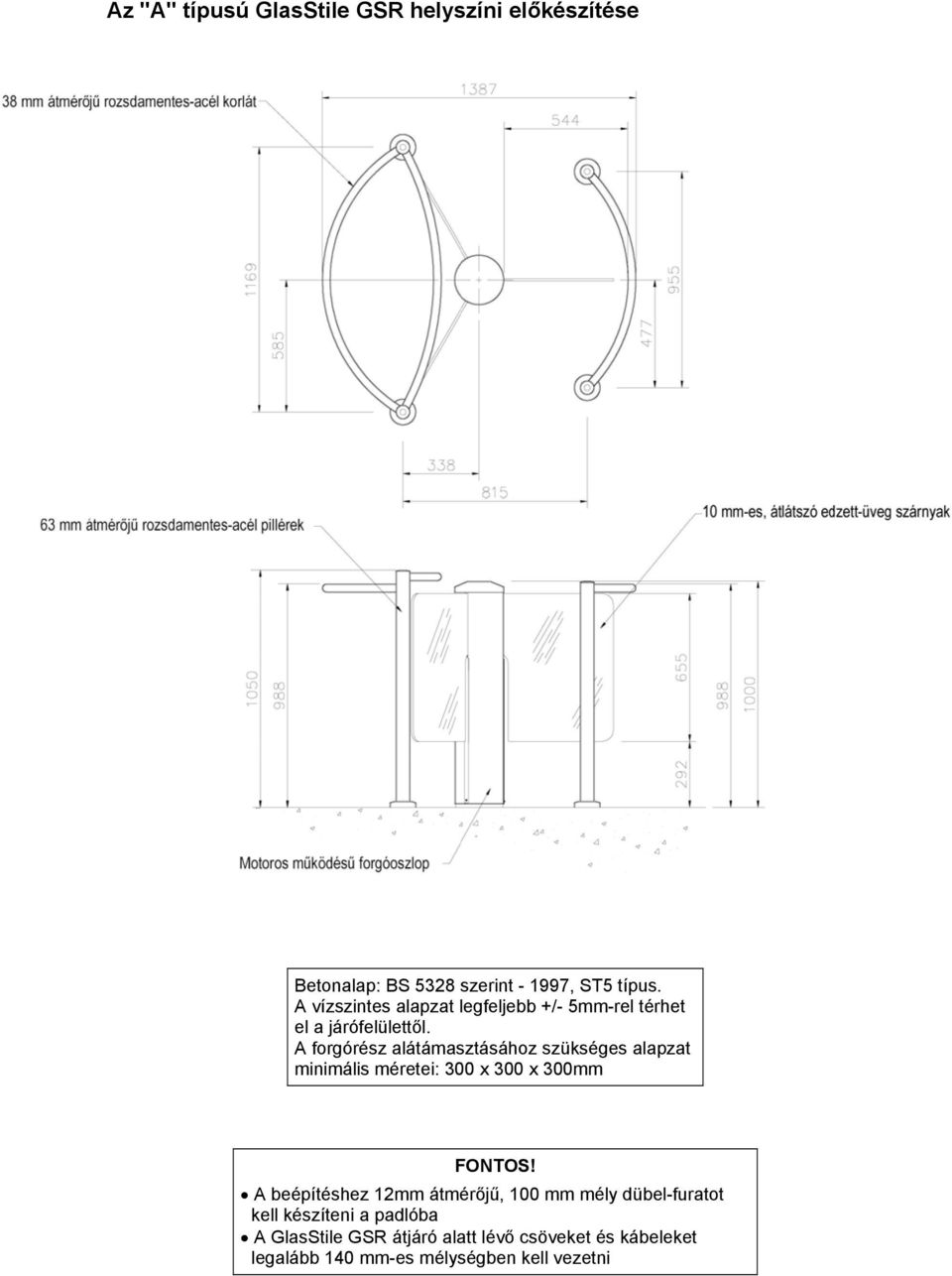 A forgórész alátámasztásához szükséges alapzat minimális méretei: 300 x 300 x 300mm FONTOS!