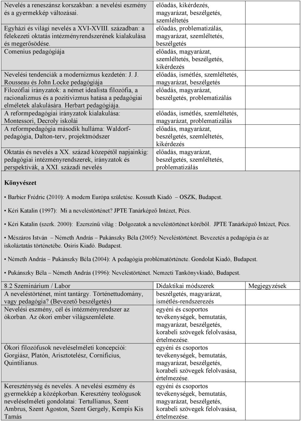 J. Rousseau és John Locke pedagógiája Filozófiai irányzatok: a német idealista filozófia, a racionalizmus és a pozitivizmus hatása a pedagógiai elméletek alakulására. Herbart pedagógiája.