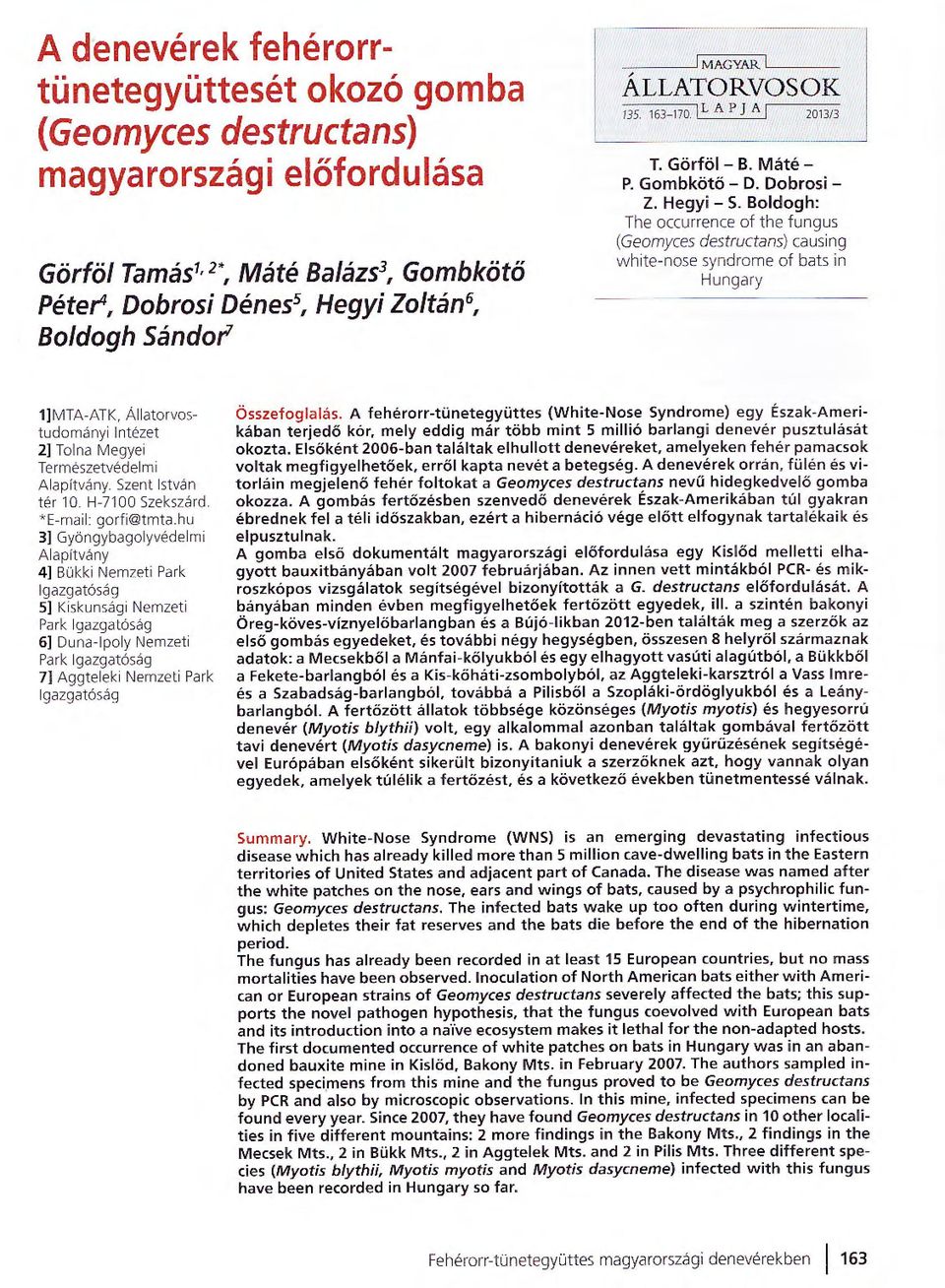 Boldogh: The occurrence of the fungus (Geomyces destructans) causing white-nose syndrome of bats in Hungary 1)MTA-ATK, Állatorvostudományi Intézet 2] Tolna Megyei Természetvédelmi Alapítvány.