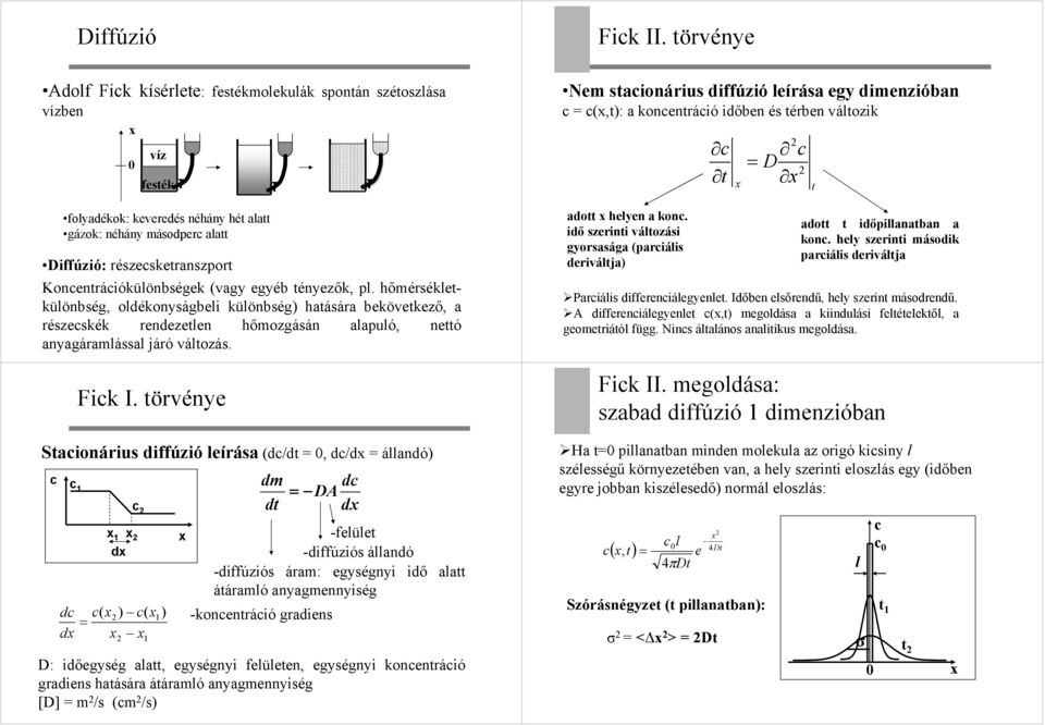 Fik I törvt rvénye Staionárius diffúzió leírása (d/dt =, d/d = állandó) 1 d d ( = 1 d ) ( 1 ) 1 dm dt = DA D: időegység alatt, egységnyi felületen, egységnyi konentráió gradiens hatására átáramló