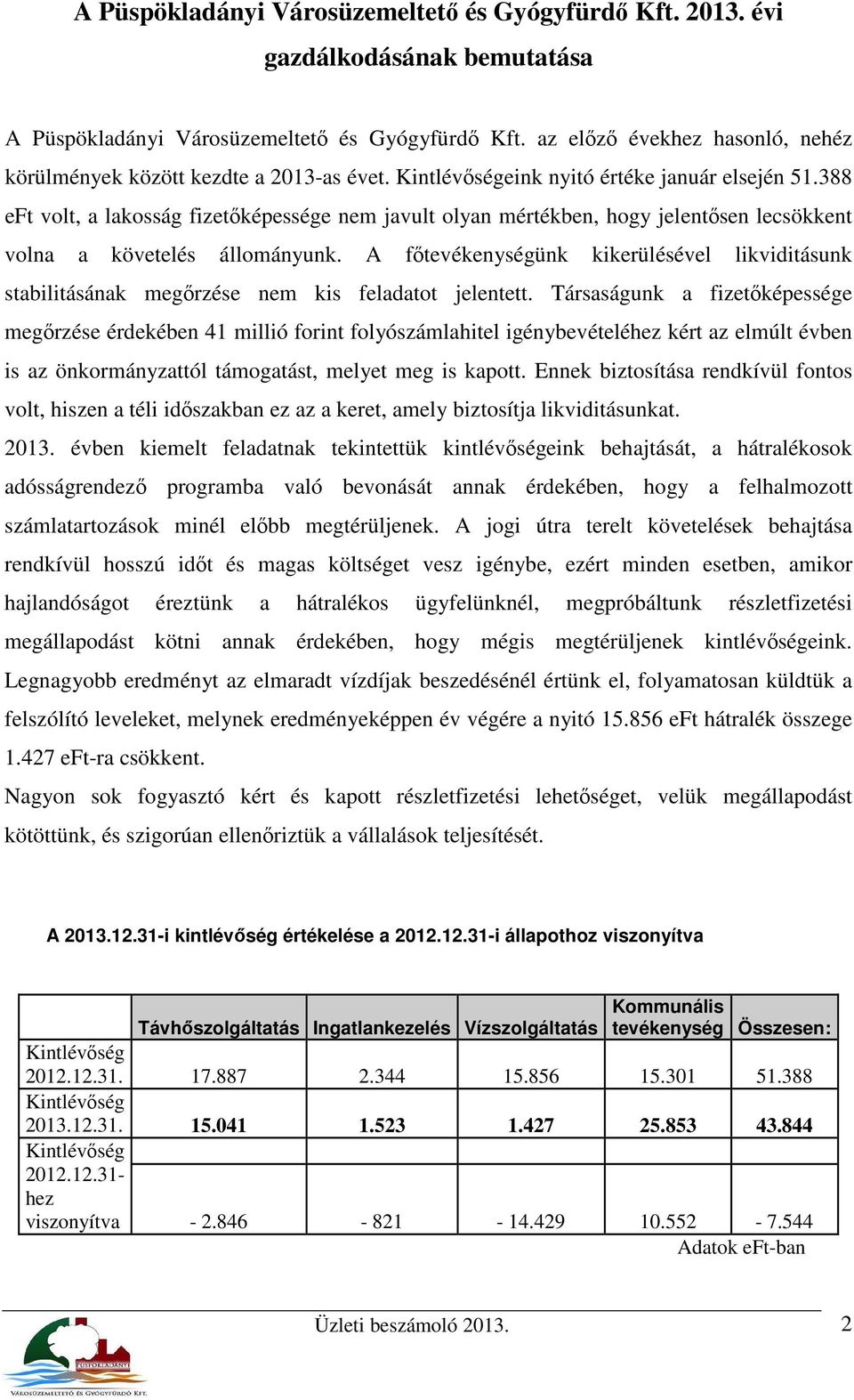 388 eft volt, a lakosság fizetőképessége nem javult olyan mértékben, hogy jelentősen lecsökkent volna a követelés állományunk.