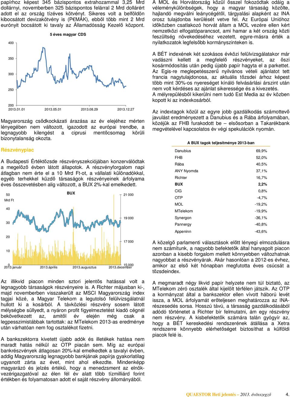 27 Magyarország csıdkockázati árazása az év elejéhez mérten lényegében nem változott, igazodott az európai trendbe, a legnagyobb kilengést a ciprusi mentıcsomag körüli bizonytalanság okozta.