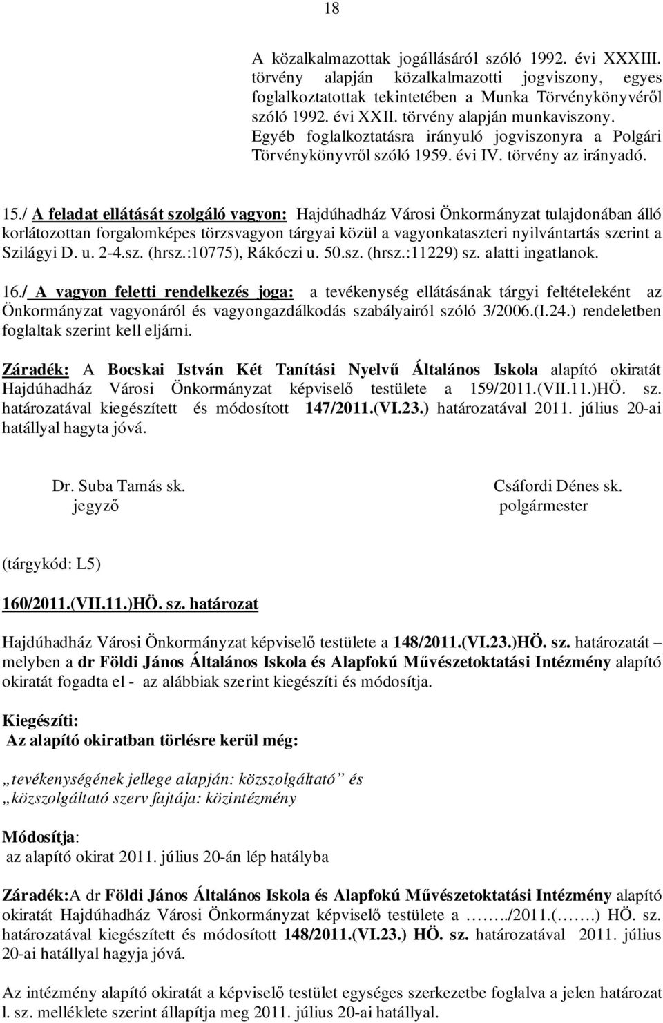 / A feladat ellátását szolgáló vagyon: Hajdúhadház Városi Önkormányzat tulajdonában álló korlátozottan forgalomképes törzsvagyon tárgyai közül a vagyonkataszteri nyilvántartás szerint a Szilágyi D. u.