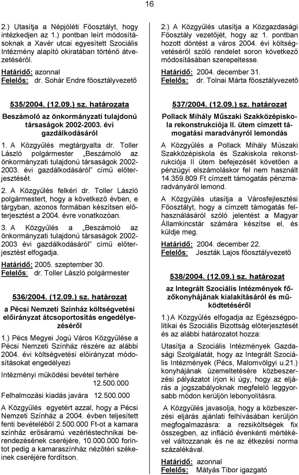 évi költségvetéséről szóló rendelet soron következő módosításában szerepeltesse. Határidő: 2004. december 31. Felelős: dr. Tolnai Márta főosztályvezető 535/2004. (12.09.) sz.