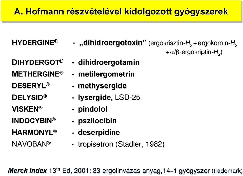 LSD-25 - pindolol - pszilocibin - deserpidine ergotoxin (ergokrisztin-h 2 + ergokornin-h 2 + α/β-ergokriptin-h 2