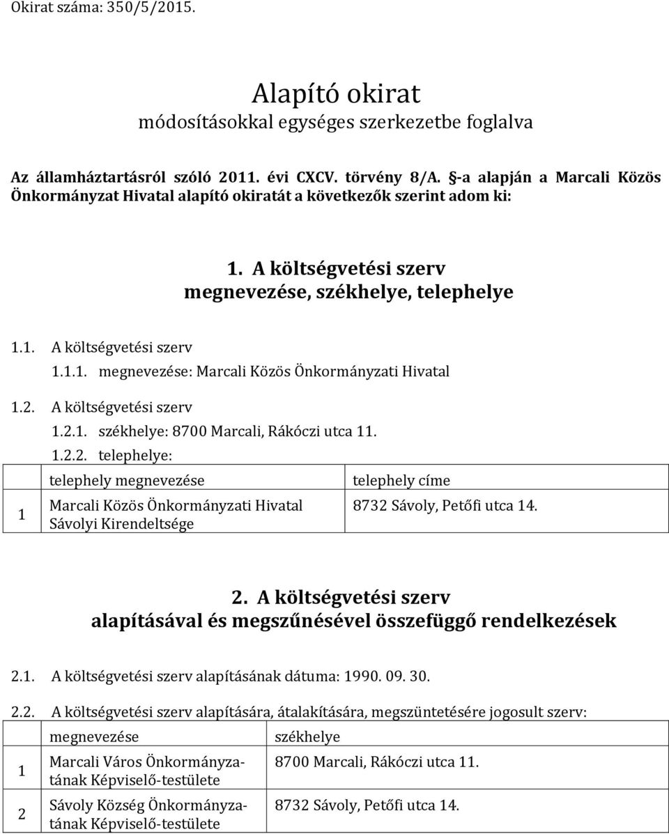 . A költségvetési szerv... székhelye: 8700 Marcali, Rákóczi utca.... telephelye: telephely megnevezése Marcali Közös Önkormányzati Hivatal Sávolyi Kirendeltsége telephely címe 873 Sávoly, Petőfi utca 4.