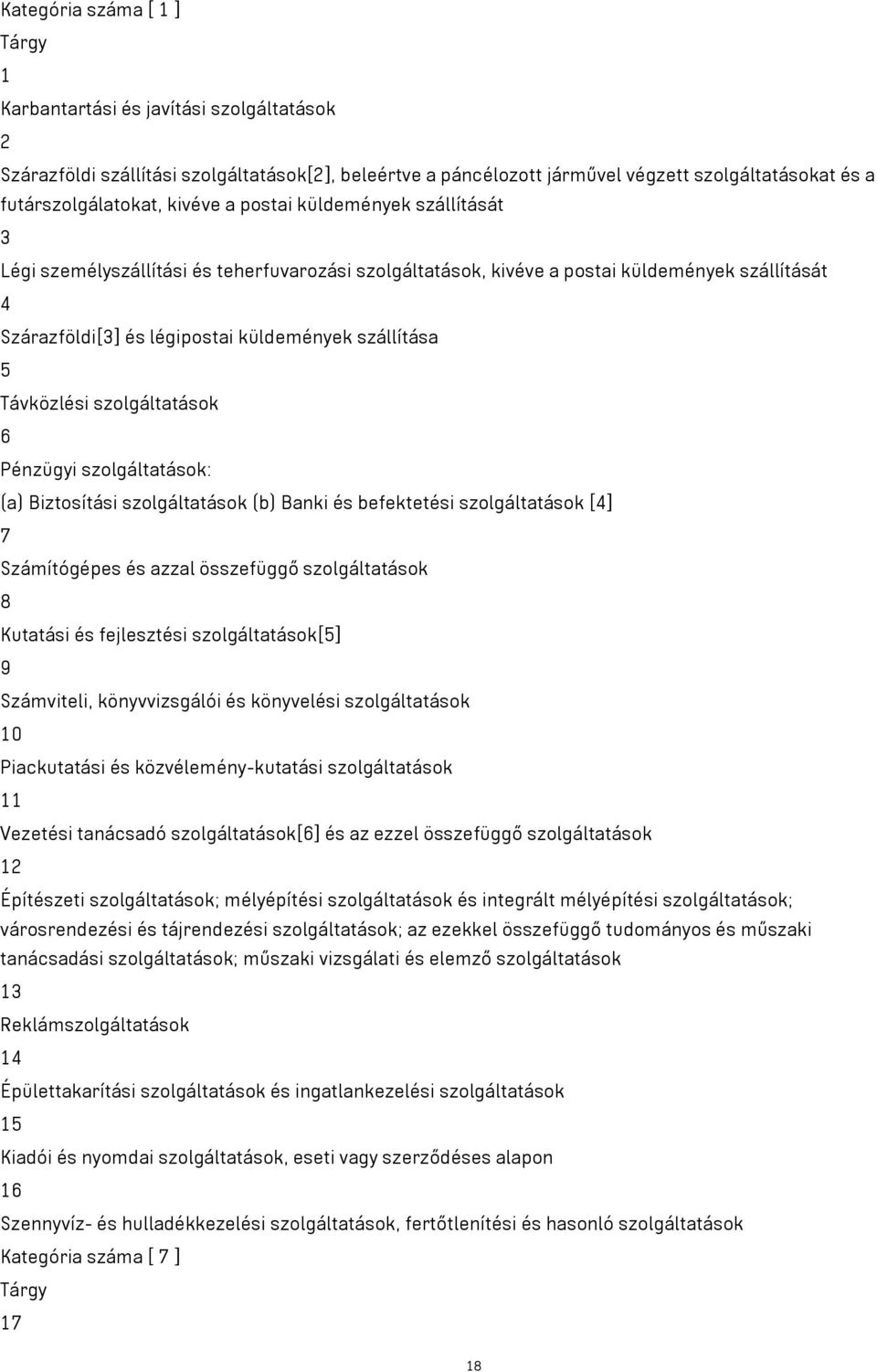 Távközlési szolgáltatások 6 Pénzügyi szolgáltatások: (a) Biztosítási szolgáltatások (b) Banki és befektetési szolgáltatások [4] 7 Számítógépes és azzal összefüggő szolgáltatások 8 Kutatási és