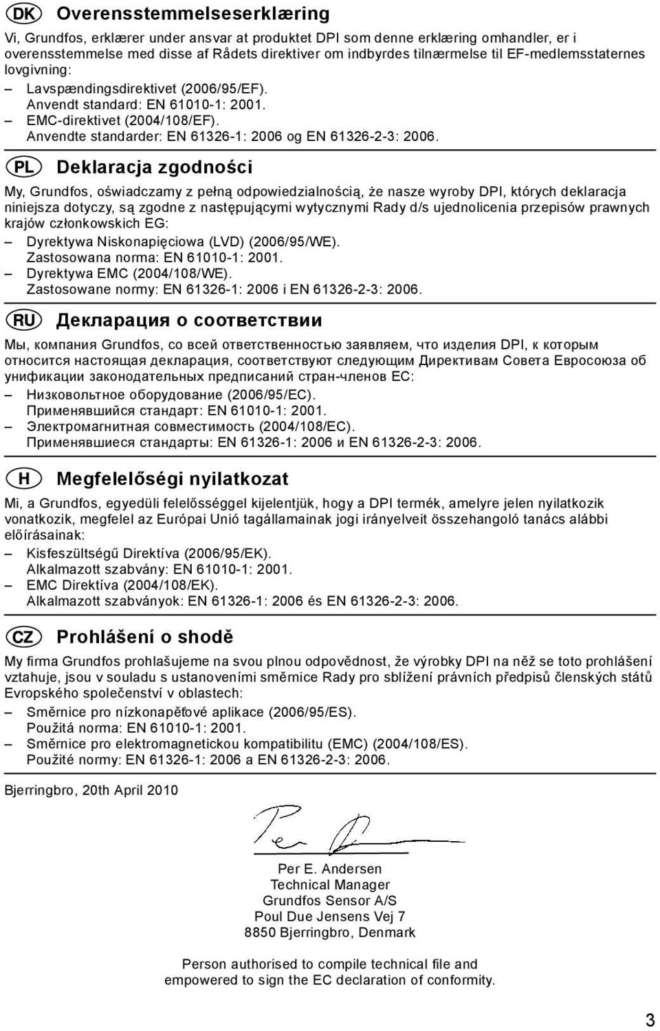 Deklaracja zgodności My, Grundfos, oświadczamy z pełną odpowiedzialnością, że nasze wyroby DPI, których deklaracja niniejsza dotyczy, są zgodne z następującymi wytycznymi Rady d/s ujednolicenia