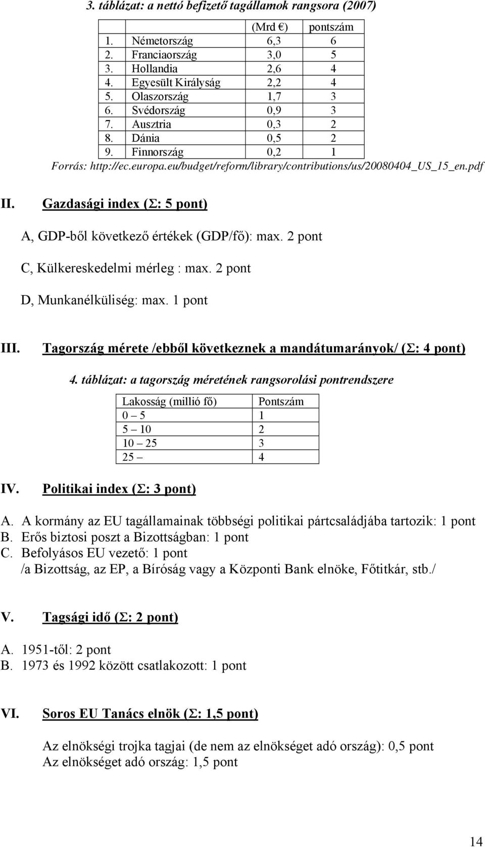 Gazdasági index (Σ: 5 pont) A, GDP-ből következő értékek (GDP/fő): max. 2 pont C, Külkereskedelmi mérleg : max. 2 pont D, Munkanélküliség: max. 1 pont III.