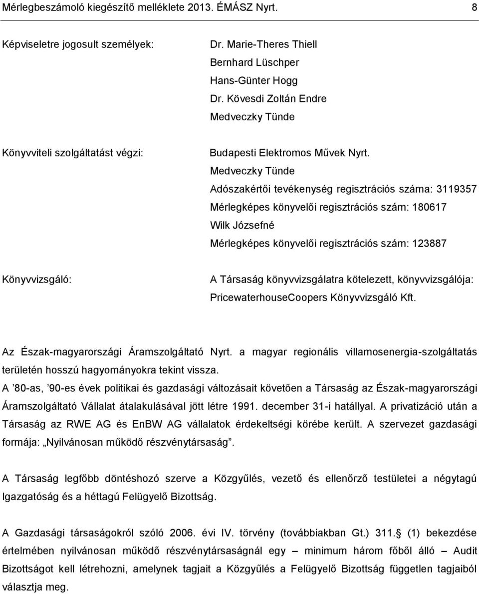 Medveczky Tünde Adószakértői tevékenység regisztrációs száma: 3119357 Mérlegképes könyvelői regisztrációs szám: 180617 Wilk Józsefné Mérlegképes könyvelői regisztrációs szám: 123887 Könyvvizsgáló: A