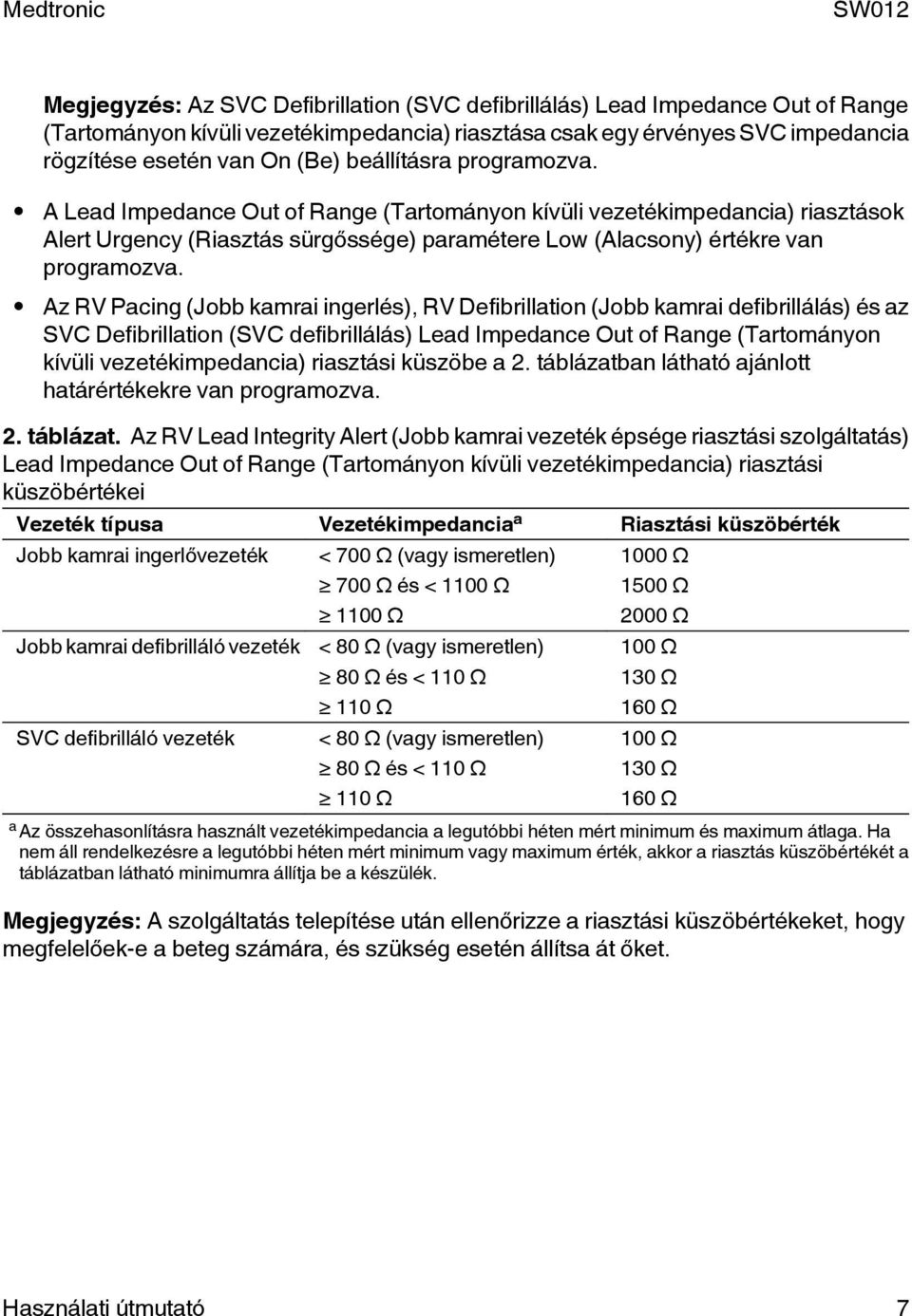 Az RV Pacing (Jobb kamrai ingerlés), RV Defibrillation (Jobb kamrai defibrillálás) és az SVC Defibrillation (SVC defibrillálás) Lead Impedance Out of Range (Tartományon kívüli vezetékimpedancia)