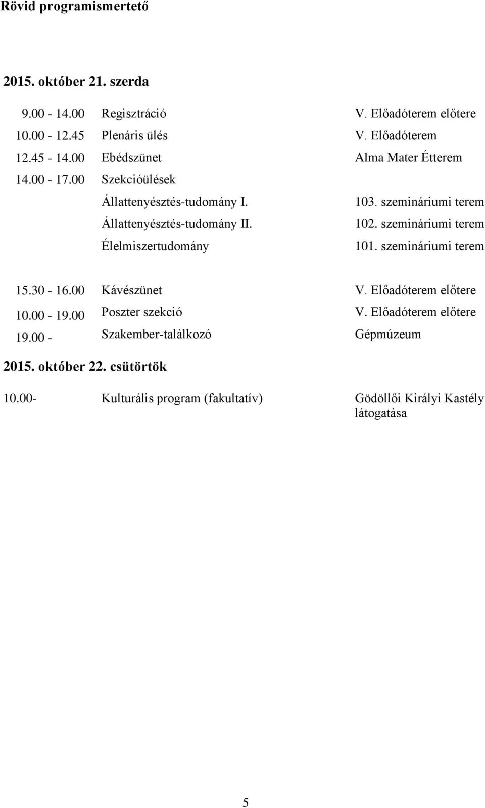 szemináriumi terem 102. szemináriumi terem 101. szemináriumi terem 15.30-16.00 Kávészünet V. Előadóterem előtere 10.00-19.00 Poszter szekció V.