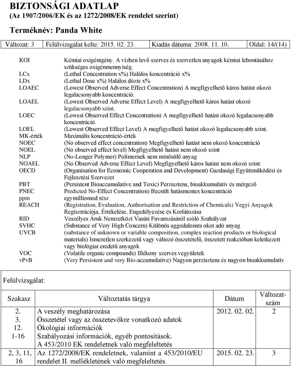 LCx (Lethal Concentration x%) Halálos koncentráció x% LDx (Lethal Dose x%) Halálos dózis x% LOAEC (Lowest Observed Adverse Effect Concentration) A megfigyelhető káros hatást okozó legalacsonyabb