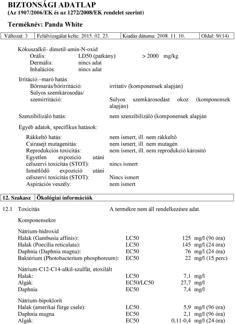 alapján) Súlyos szemkárosodás/ szemirritáció: Súlyos szemkárosodást okoz (komponensek alapján) Szenzibilizáló hatás: Egyéb adatok, specifikus hatások: Rákkeltő hatás: Csírasejt mutagenitás: