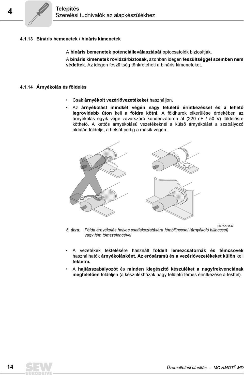 14 Árnyékolás és földelés Csak árnyékolt vezérlővezetékeket használjon. Az árnyékolást mindkét végén nagy felületű érintkezéssel és a lehető legrövidebb úton kell a földre kötni.