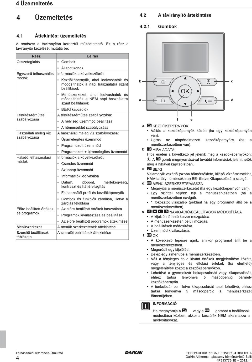 beállított értékek és programok Menüszerkezet Szerelői beállítások táblázata Gombok Állapotikonok Leírás Információk a következőkről: Kezdőképernyők, ahol leolvashatók és módosíthatók a napi