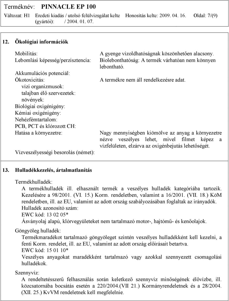 oxigénigény: Nehézfémtartalom: PCB, PCT és klórozott CH: Hatása a környezetre: Vízveszélyességi besorolás (német): A gyenge vízoldhatóságnak köszönhetően alacsony.