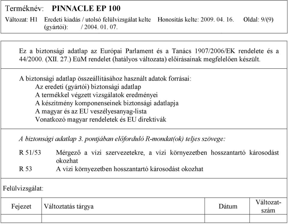 A biztonsági adatlap összeállításához használt adatok forrásai: Az eredeti (gyártói) biztonsági adatlap A termékkel végzett vizsgálatok eredményei A készítmény komponenseinek biztonsági