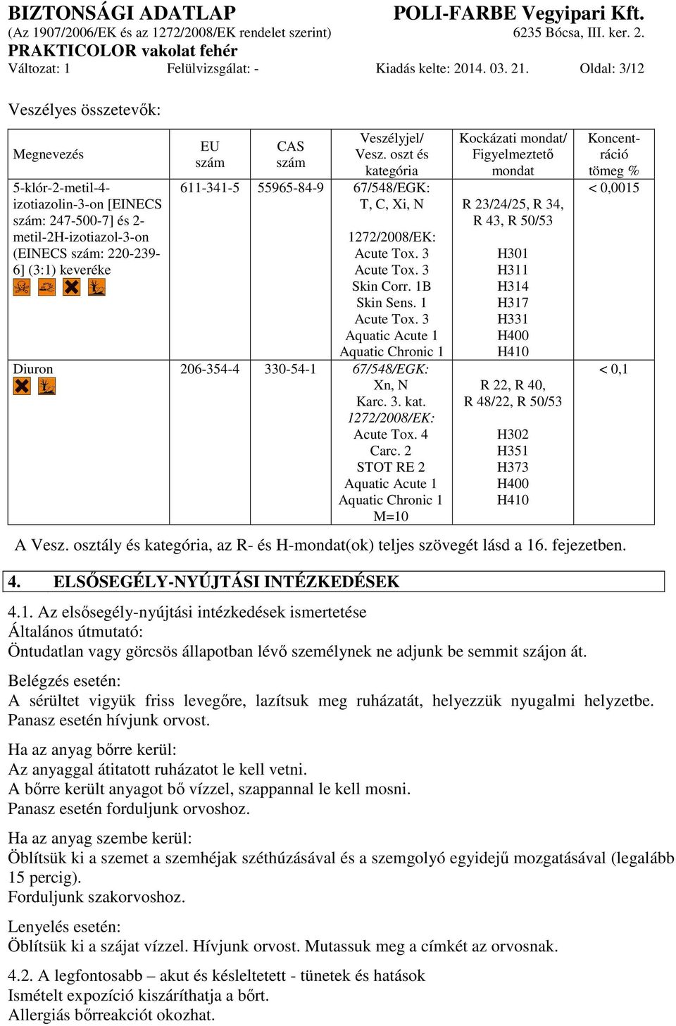 Veszélyjel/ Vesz. oszt és kategória 611-341-5 55965-84-9 67/548/EGK: T, C, Xi, N 1272/2008/EK: Acute Tox. 3 Acute Tox. 3 Skin Corr. 1B Skin Sens. 1 Acute Tox.