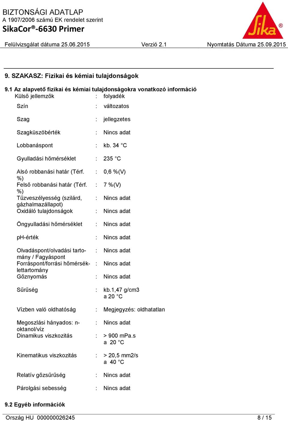 34 C Gyulladási hőmérséklet : 235 C Alsó robbanási határ (Térf. %) Felső robbanási határ (Térf.