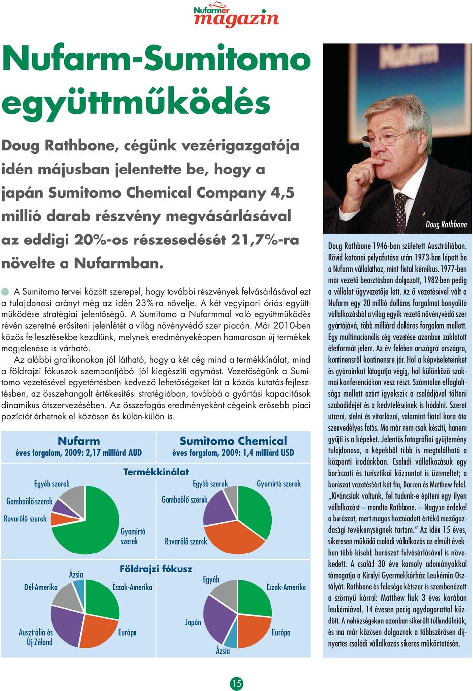 A két vegyipari óriás együtt - mûködése stratégiai jelentôségû. A Sumitomo a Nufarmmal való együtt mû ködés révén szeretné erôsíteni jelenlétét a világ növényvédő szer piacán.