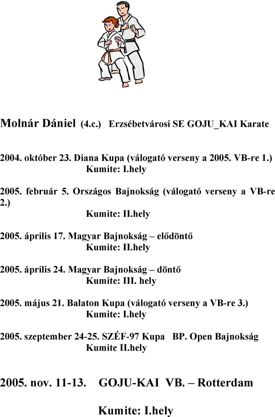 Magyar Bajnokság elődöntő Kumite: II.hely 2005. április 24. Magyar Bajnokság döntő Kumite: II 2005. május 21.