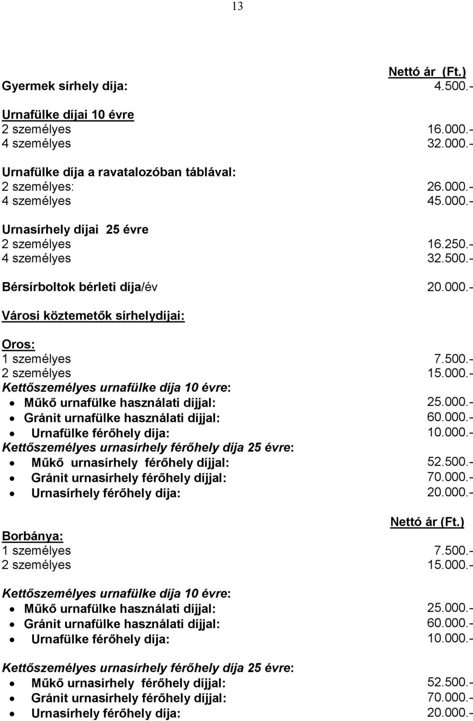 000.- Gránit urnafülke használati díjjal: 60.000.- Urnafülke férıhely díja: 10.000.- Kettıszemélyes urnasírhely férıhely díja 25 évre: Mőkı urnasírhely férıhely díjjal: 52.500.