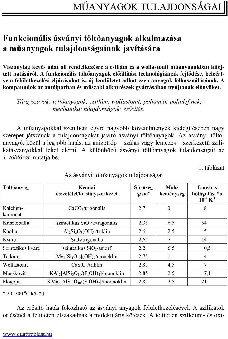 A kompaundok az autóiparban és műszaki alkatrészek gyártásában nyújtanak előnyöket. Tárgyszavak: töltőanyagok; csillám; wollastonit; poliamid; poliolefinek; mechanikai tulajdonságok; erősítés.