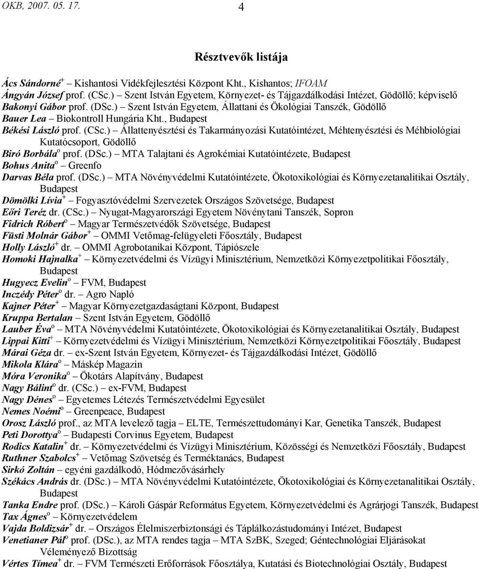 ) Szent István Egyetem, Állattani és Ökológiai Tanszék, Gödöllő Bauer Lea Biokontroll Hungária Kht., Budapest Békési László prof. (CSc.