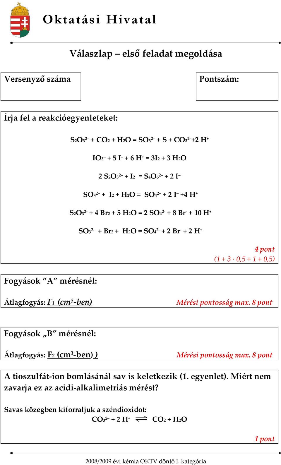 0,5) Fogyások A mérésnél: Átlagfogyás: F1 (cm 3 -ben) Mérési pontosság max. 8 pont Fogyások B mérésnél: Átlagfogyás: F2 (cm 3 -ben) ) Mérési pontosság max.